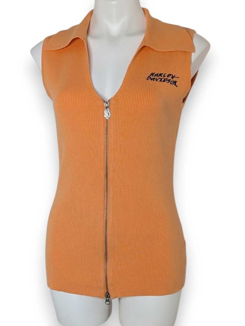 VTG Harley Davidson Orange Ribbed Knit Zip Front Embroidered Logo Sleeveless Top